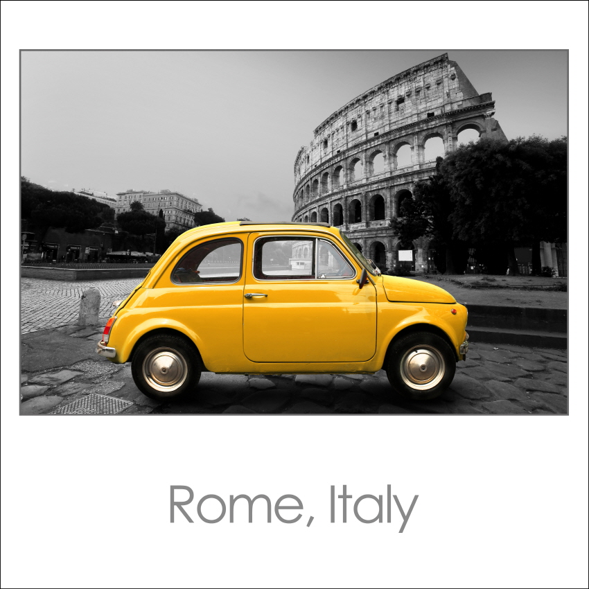 로마 이탈리아 콜로세움 배경의 노란 레트로 자동차