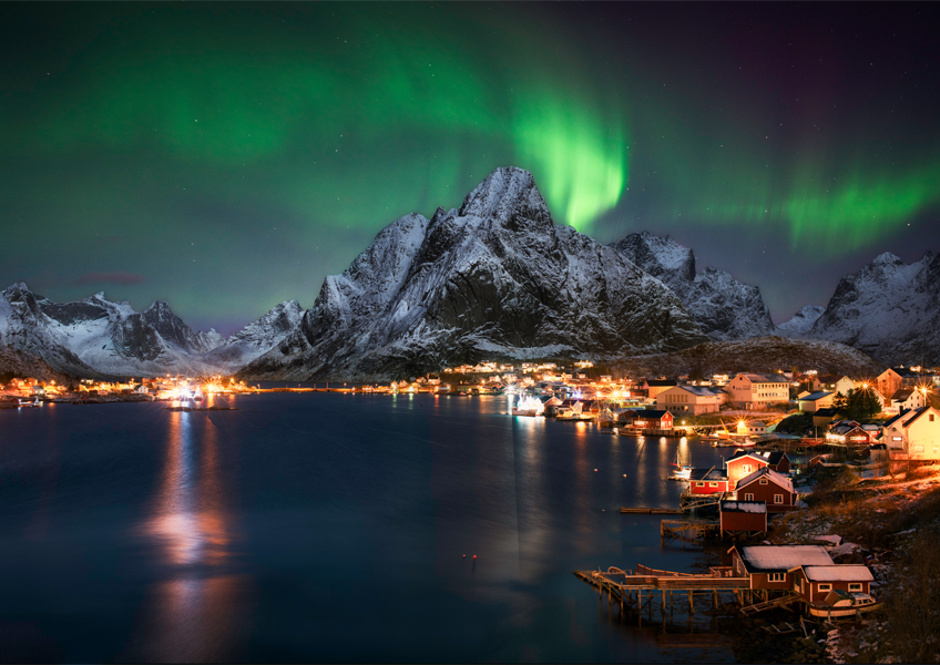 노르웨이 로포텐제도 레이네 마을 북극 오로라 포토그라피 포스터