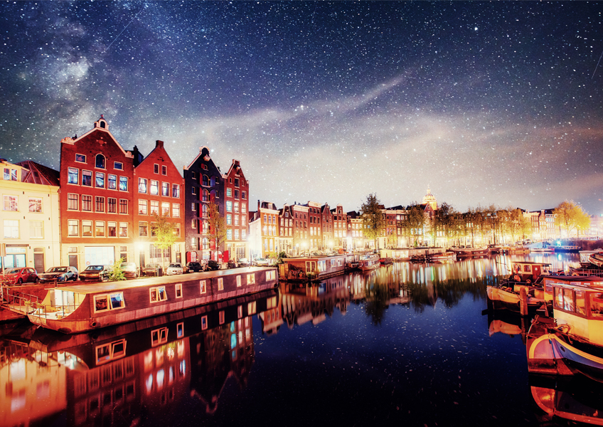 암스테르담의 아름다운 밤 네덜란드 포토그라피 포스터